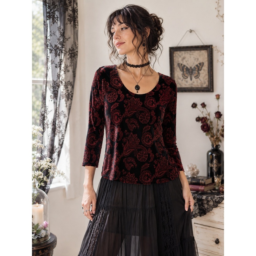 Worthington Womens Red Black Velvet Paisley Scoop Neck 3/4 Sleeve Top Large Vamp